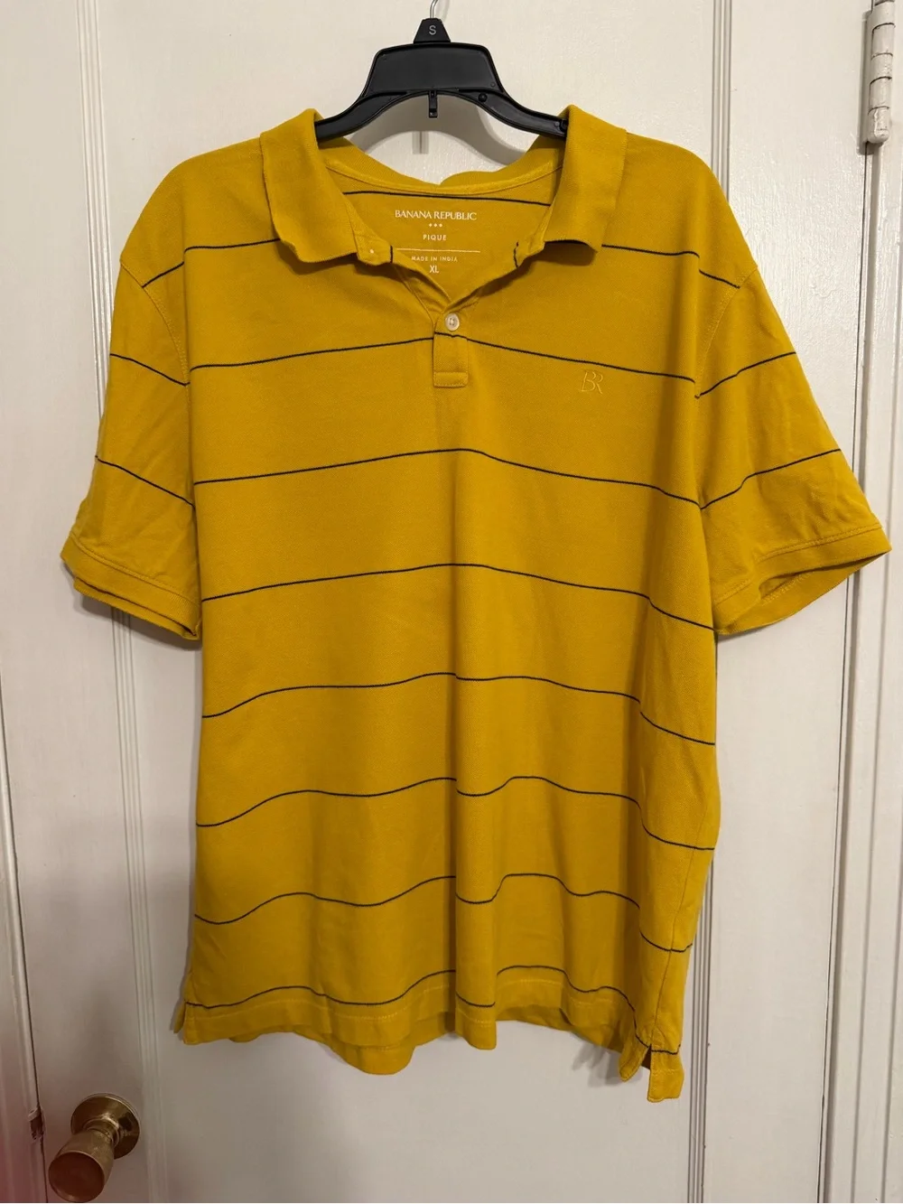 Banana Republic Mustard Yellow Polo with Thin Black Stripes